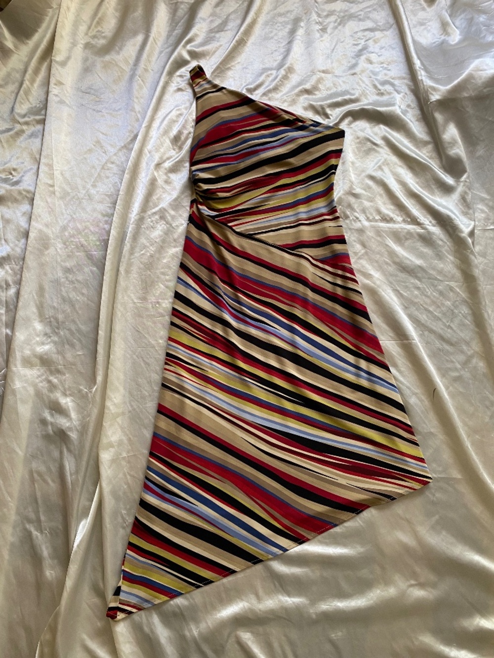 Vintage y2k BCBG Multicolor Striped Asymmetrical One Shoulder Dress Small